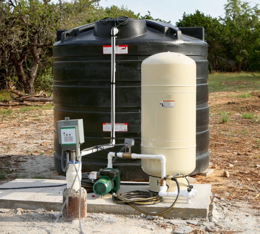 well with pressure tank and water storage tank